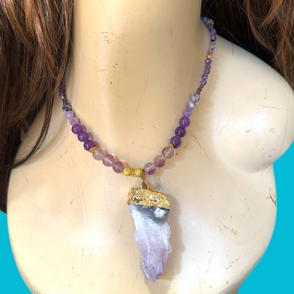 PURPLE QUARTZ PENDANT AMETHYST BEADS NECKLACE GAIL GREEN DESIGNS JEWELRY
